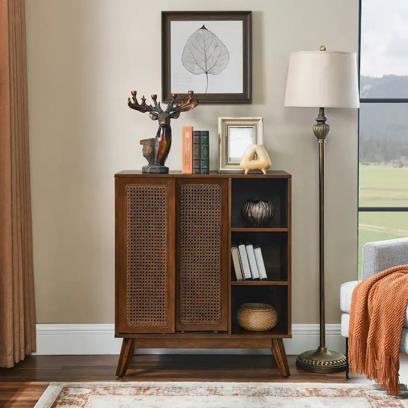 Credenza in rattan moderna di metà secolo, con ripiano regolabile, piedini in legno massello e ante in rattan