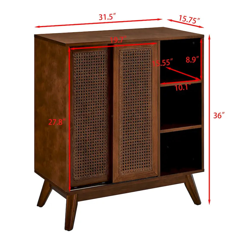 Credenza in rattan moderna di metà secolo, con ripiano regolabile, piedini in legno massello e ante in rattan