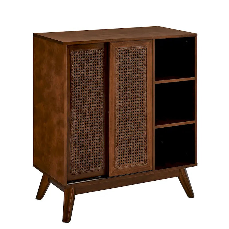 Credenza in rattan moderna di metà secolo, con ripiano regolabile, piedini in legno massello e ante in rattan