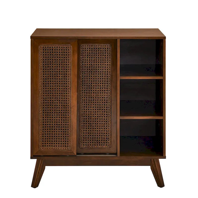 Credenza in rattan moderna di metà secolo, con ripiano regolabile, piedini in legno massello e ante in rattan