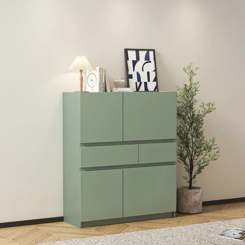 Mobile contenitore in legno verde con 4 ante e 2 cassetti