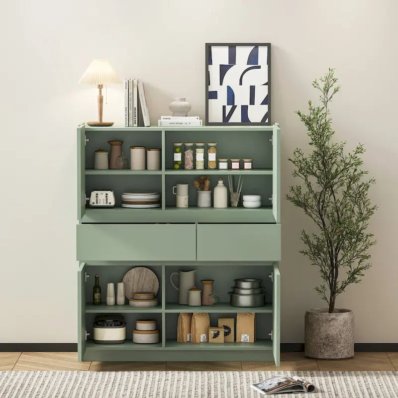 Mobile contenitore in legno verde con 4 ante e 2 cassetti