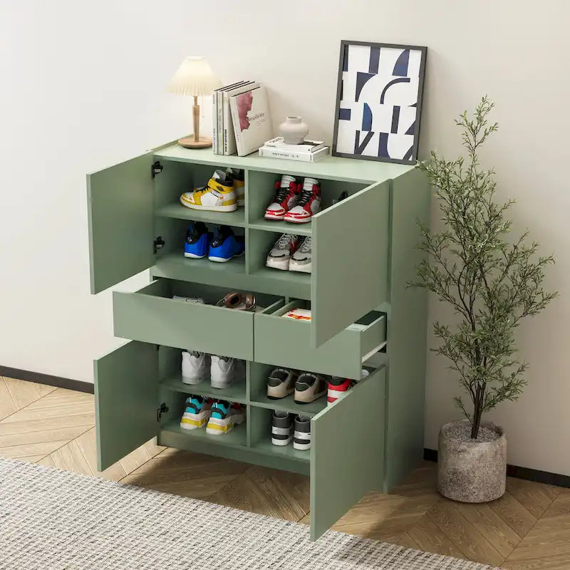 Mobile contenitore in legno verde con 4 ante e 2 cassetti