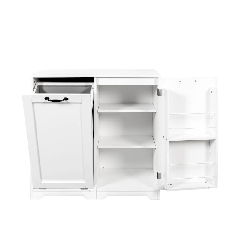 Mobiletto da bagno autoportante con cesto portabiancheria a ribalta e ripiano regolabile, design con mensole sulla porta