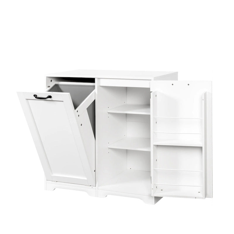 Mobiletto da bagno autoportante con cesto portabiancheria a ribalta e ripiano regolabile, design con mensole sulla porta