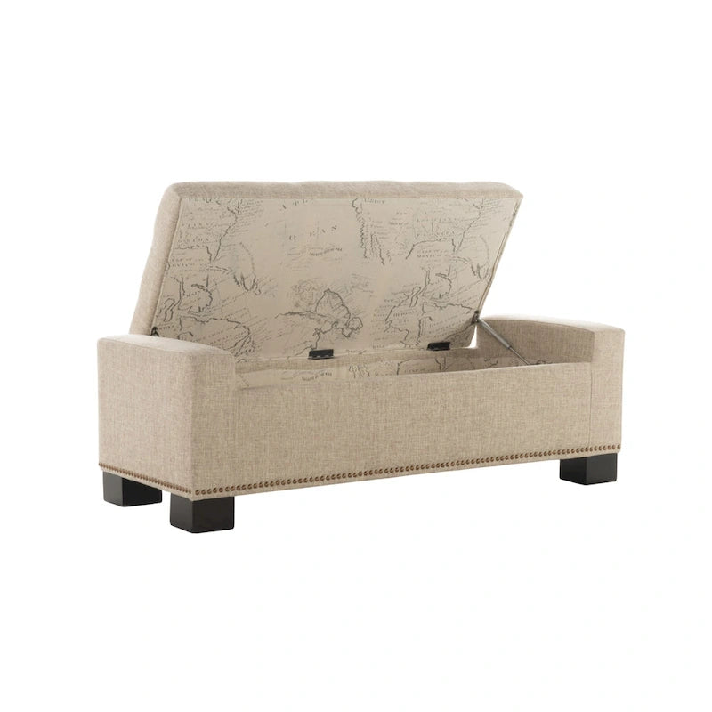 Storage Ottoman Bench, Nailhead Trim, Wheat Fabric, 51 Inch
