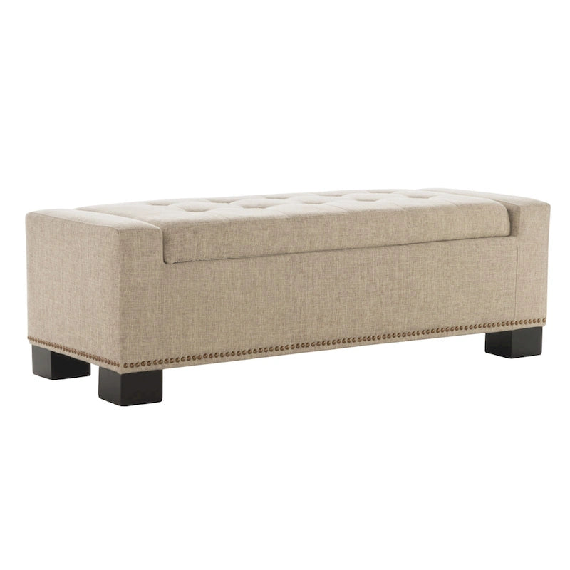 Storage Ottoman Bench, Nailhead Trim, Wheat Fabric, 51 Inch