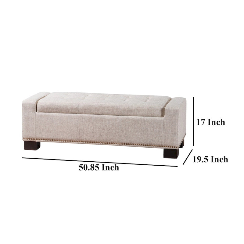 Storage Ottoman Bench, Nailhead Trim, Wheat Fabric, 51 Inch