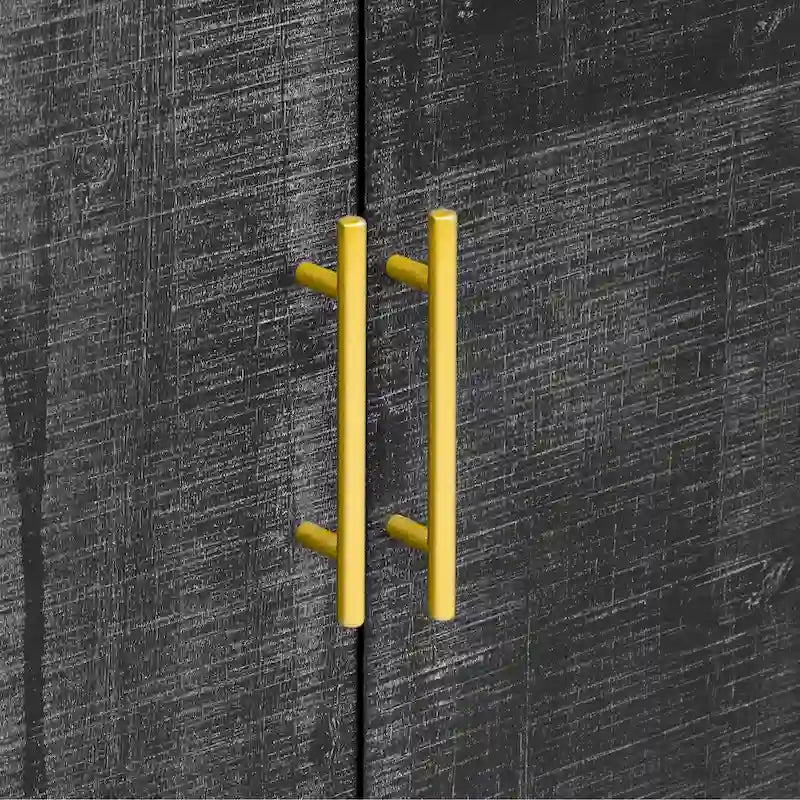 Mobiletto contenitore in legno con 4 ante, credenza curva con maniglie dorate, divisori regolabili