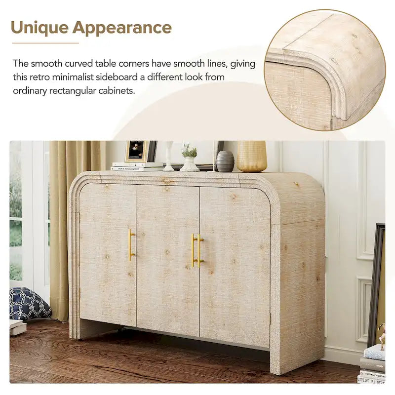 Mobiletto contenitore in legno con 4 ante, credenza curva con maniglie dorate, divisori regolabili