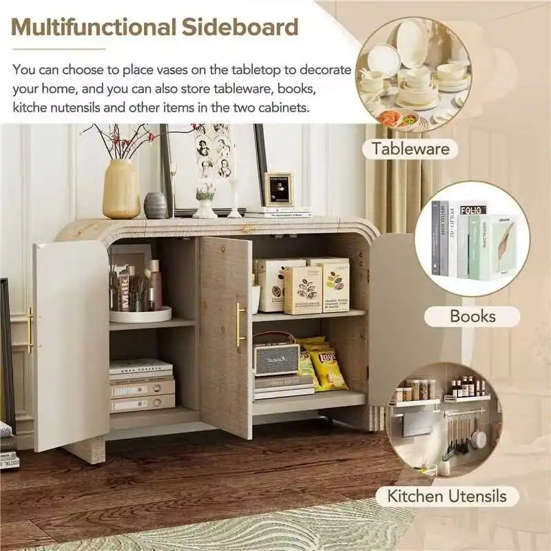 Mobiletto contenitore in legno con 4 ante, credenza curva con maniglie dorate, divisori regolabili
