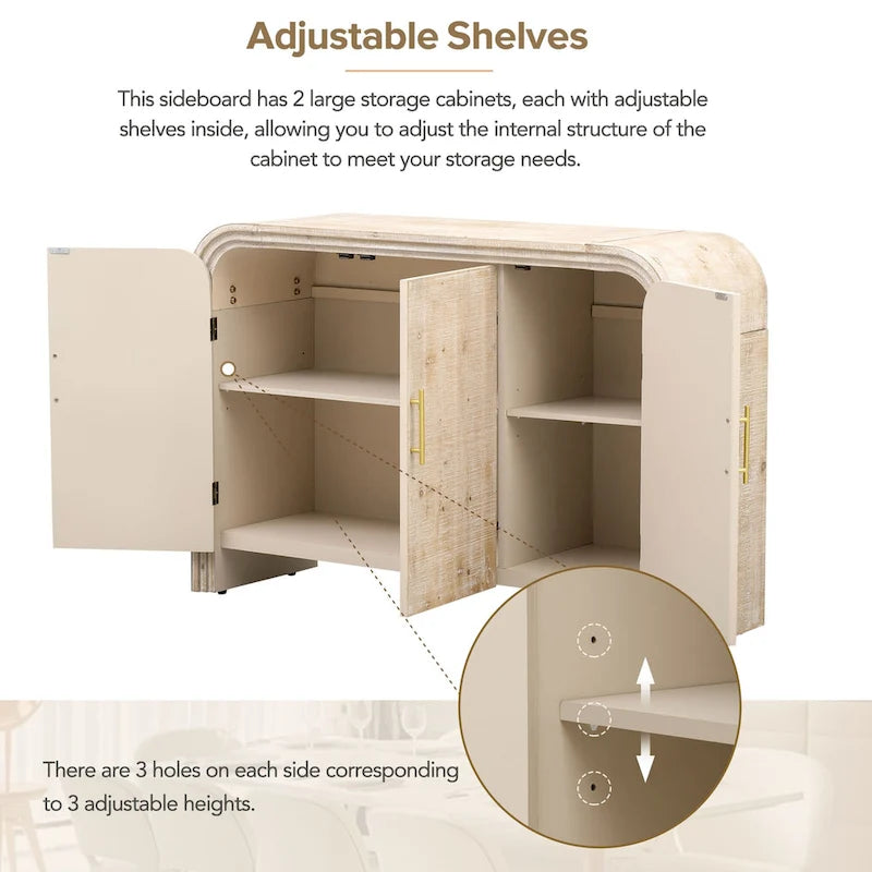 Mobiletto contenitore in legno con 4 ante, credenza curva con maniglie dorate, divisori regolabili