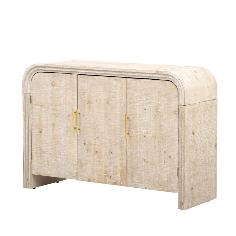 Mobiletto contenitore in legno con 4 ante, credenza curva con maniglie dorate, divisori regolabili