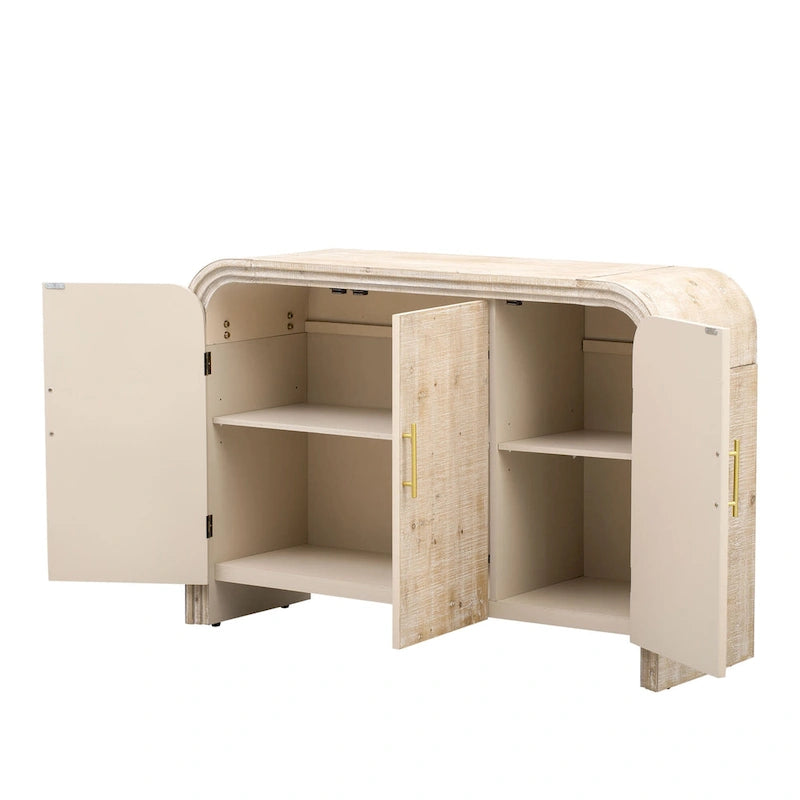 Mobiletto contenitore in legno con 4 ante, credenza curva con maniglie dorate, divisori regolabili