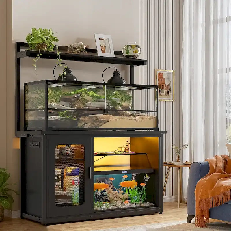 Supporto robusto per acquario con mobile reversibile, supporto per acquario da 55-75 galloni con prese di corrente e luce LED