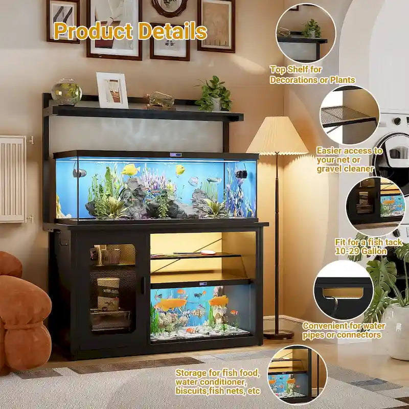 Supporto robusto per acquario con mobile reversibile, supporto per acquario da 55-75 galloni con prese di corrente e luce LED