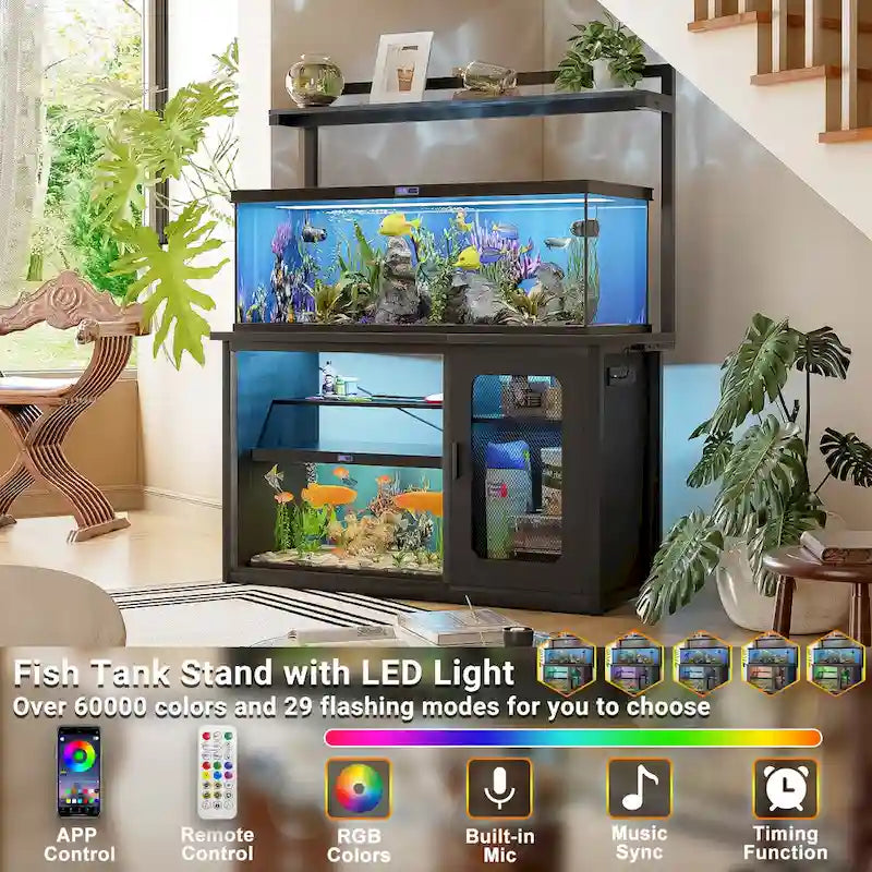 Supporto robusto per acquario con mobile reversibile, supporto per acquario da 55-75 galloni con prese di corrente e luce LED