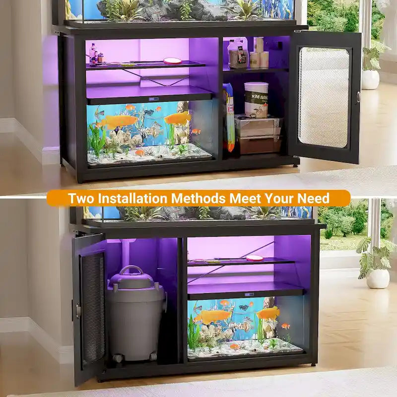 Supporto robusto per acquario con mobile reversibile, supporto per acquario da 55-75 galloni con prese di corrente e luce LED