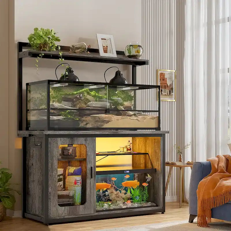 Supporto robusto per acquario con mobile reversibile, supporto per acquario da 55-75 galloni con prese di corrente e luce LED