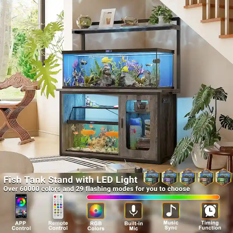 Supporto robusto per acquario con mobile reversibile, supporto per acquario da 55-75 galloni con prese di corrente e luce LED