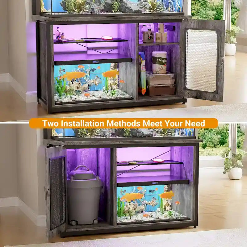 Supporto robusto per acquario con mobile reversibile, supporto per acquario da 55-75 galloni con prese di corrente e luce LED