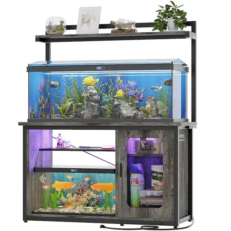 Supporto robusto per acquario con mobile reversibile, supporto per acquario da 55-75 galloni con prese di corrente e luce LED