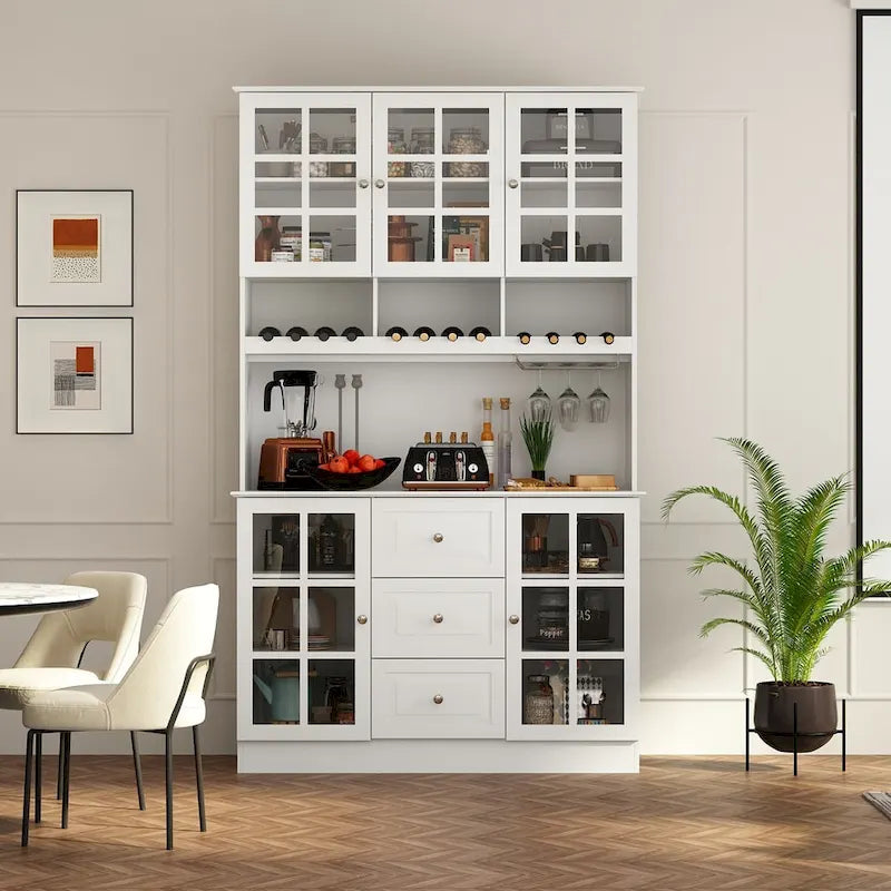 Credenza dispensa da 78.9, bianca, con portabicchieri da vino, cassetto e alzata