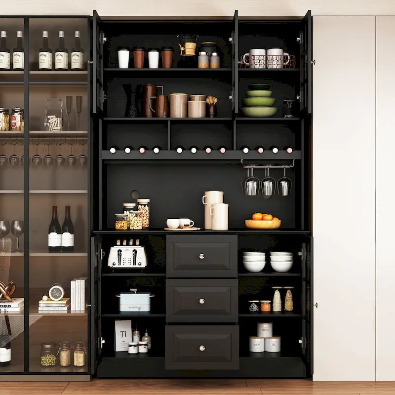 Credenza dispensa da 78.9, bianca, con portabicchieri da vino, cassetto e alzata