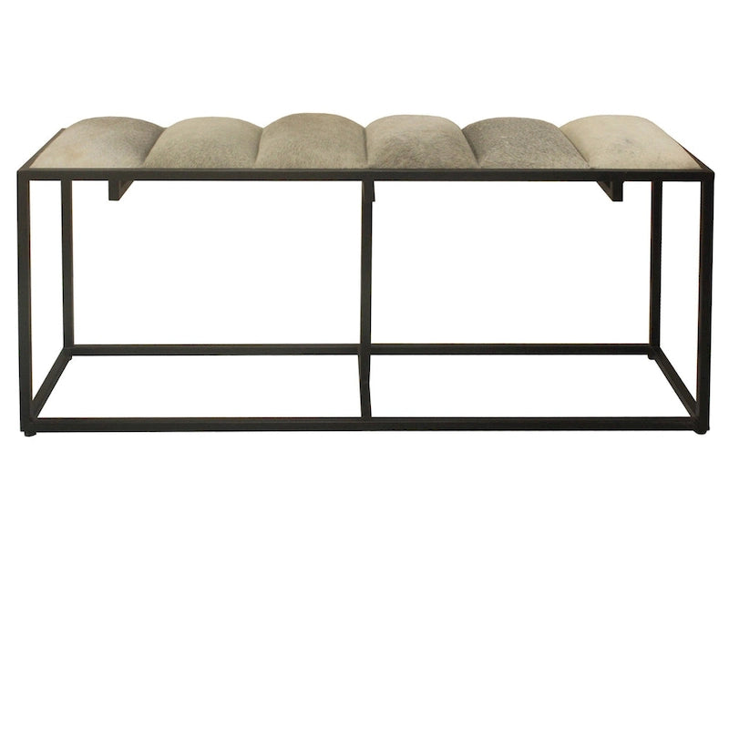 Ławka z czarnego żelaza, szarego sztucznego futra i skórzanymi wstawkami, szerokość 50 W x 14 x 22