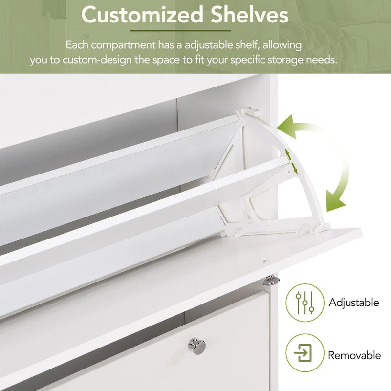 Szafka na buty z 3 uchylnymi szufladami, wzorem słojów drewna i 3 haczykami, wolnostojący stojak na buty z regulowaną przegrodą