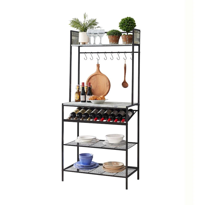 Scaffale da cucina con ripiani, portabottiglie e ganci - supporto per microonde per cucina/sala da pranzo, nero/grigio