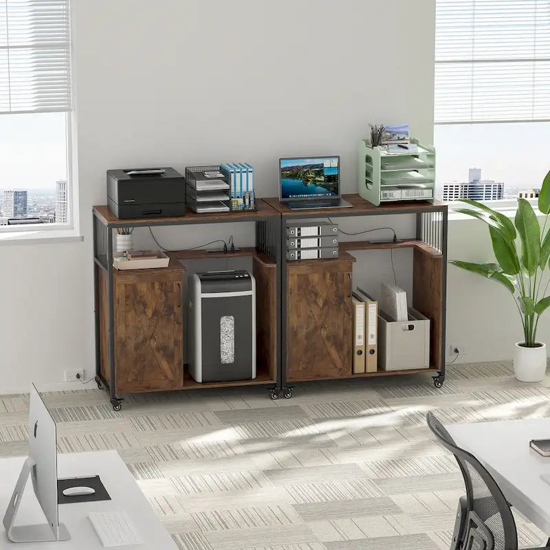 Supporto per stampante con ripiano contenitore, schedario laterale da ufficio con presa elettrica e porta USB per la ricarica