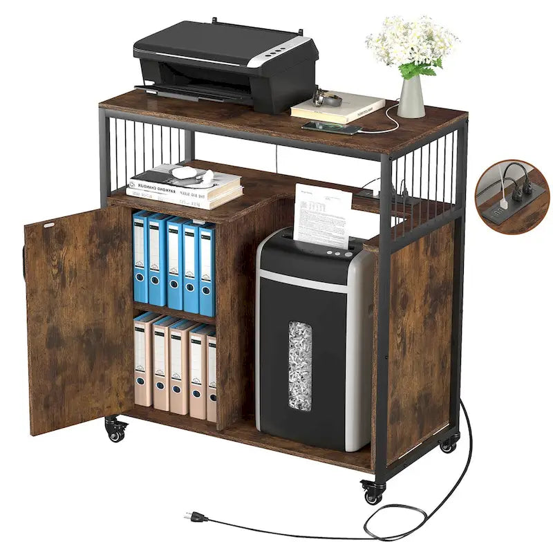Supporto per stampante con ripiano contenitore, schedario laterale da ufficio con presa elettrica e porta USB per la ricarica