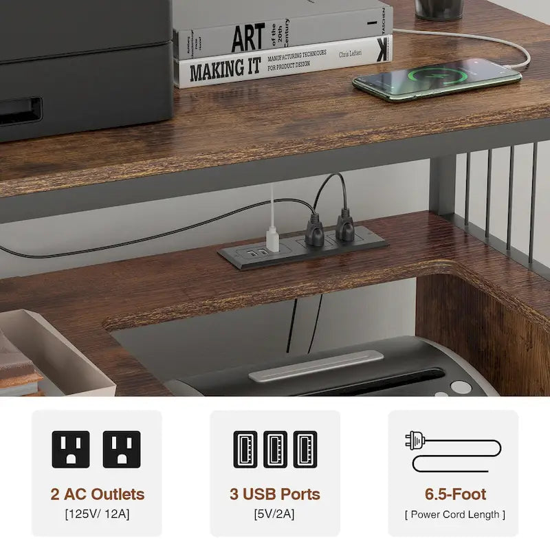 Supporto per stampante con ripiano contenitore, schedario laterale da ufficio con presa elettrica e porta USB per la ricarica