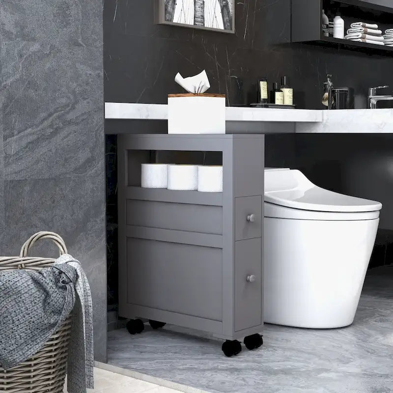 Mobiletto laterale stretto in legno con rotelle per il bagno
