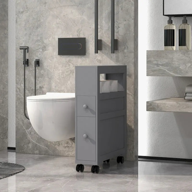 Mobiletto laterale stretto in legno con rotelle per il bagno