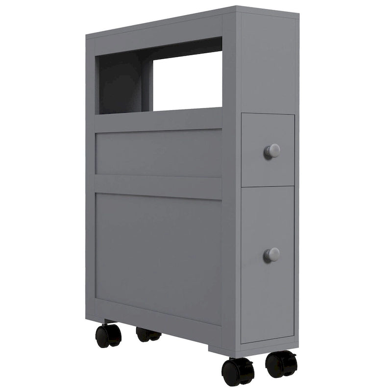 Mobiletto laterale stretto in legno con rotelle per il bagno