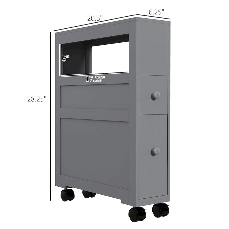 Mobiletto laterale stretto in legno con rotelle per il bagno