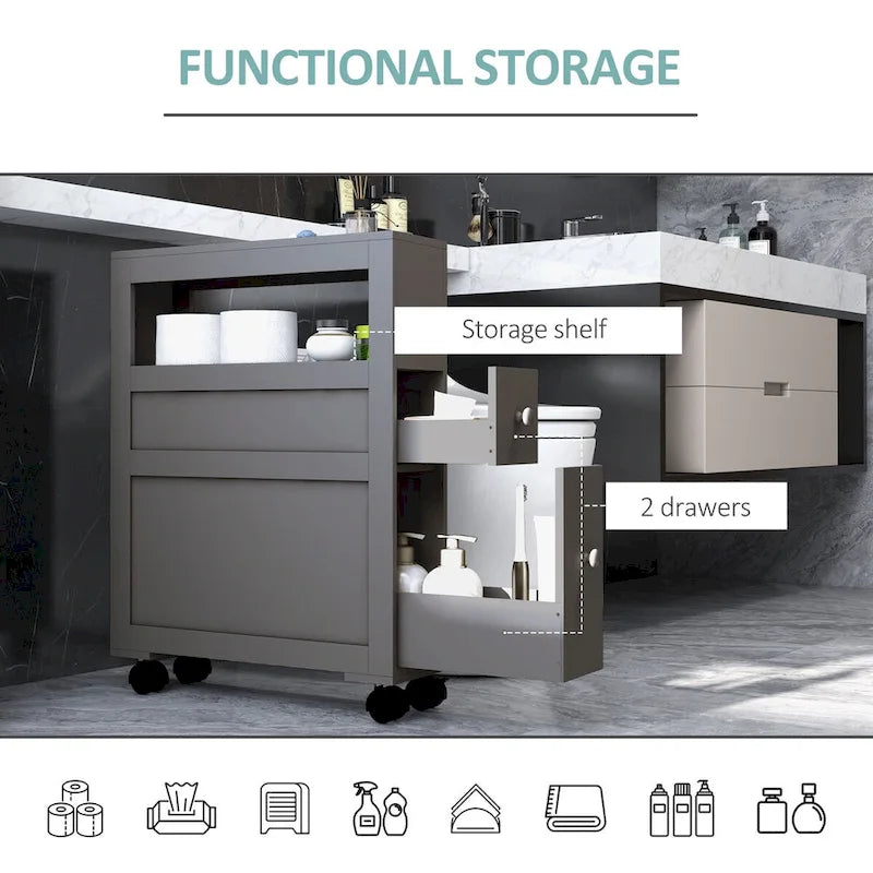 Mobiletto laterale stretto in legno con rotelle per il bagno