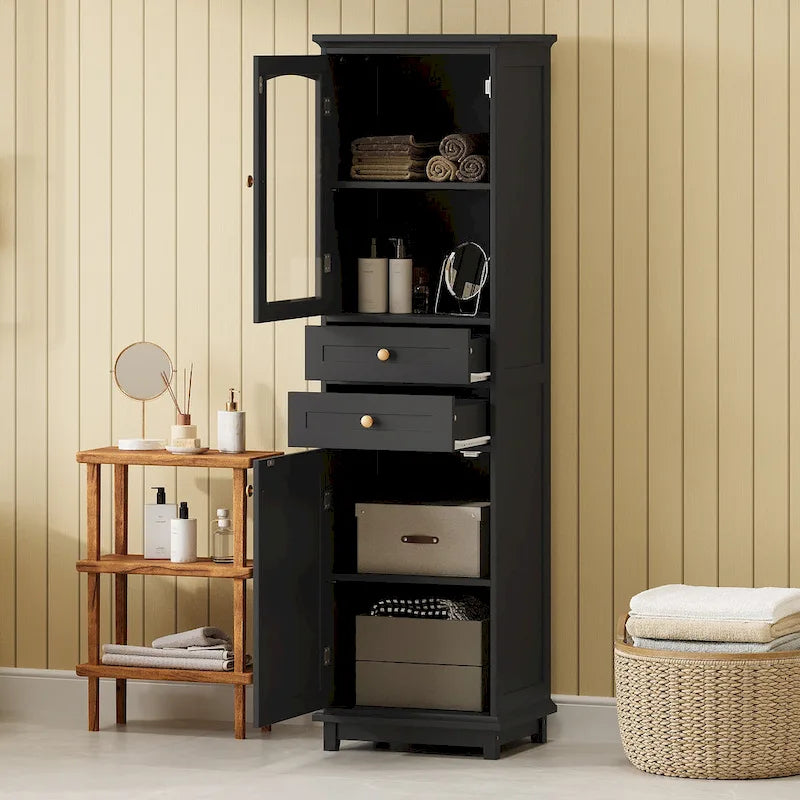 Mobile portabiancheria con anta in vetro e due cassetti, 17.7 in. W x 14.2 in. D x 63 in. H