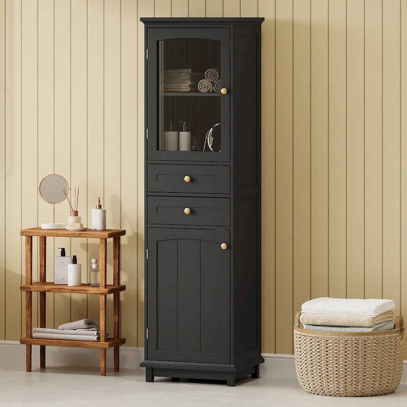 Mobile portabiancheria con anta in vetro e due cassetti, 17.7 in. W x 14.2 in. D x 63 in. H