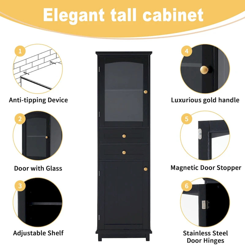 Mobile portabiancheria con anta in vetro e due cassetti, 17.7 in. W x 14.2 in. D x 63 in. H
