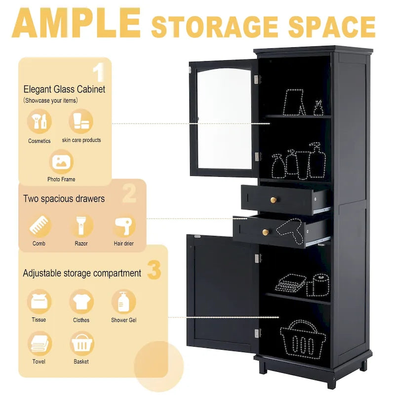 Mobile portabiancheria con anta in vetro e due cassetti, 17.7 in. W x 14.2 in. D x 63 in. H