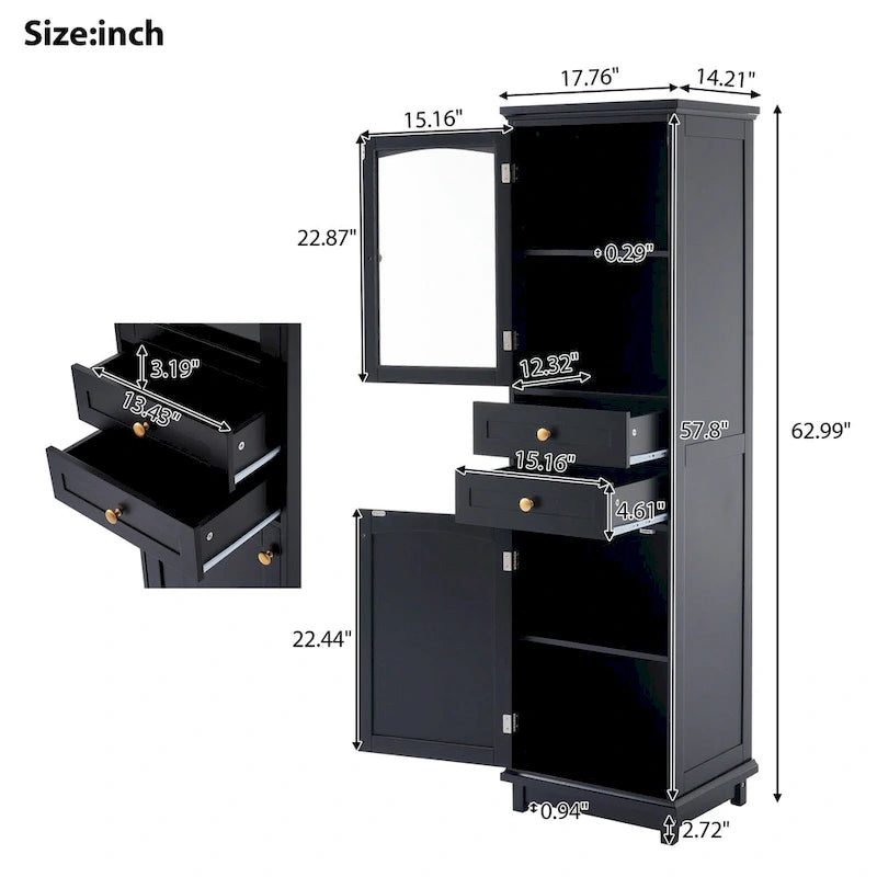 Mobile portabiancheria con anta in vetro e due cassetti, 17.7 in. W x 14.2 in. D x 63 in. H