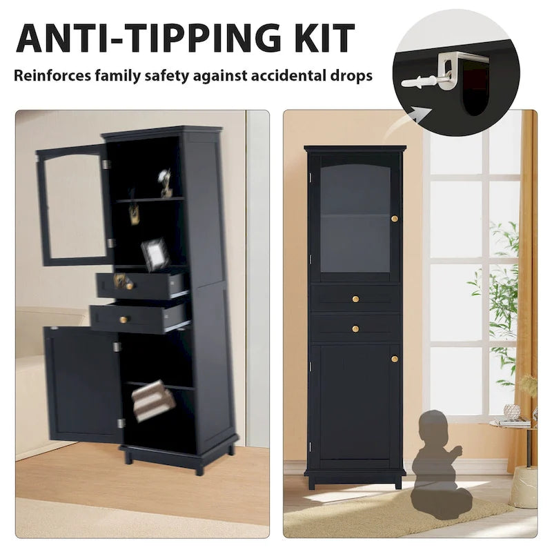 Mobile portabiancheria con anta in vetro e due cassetti, 17.7 in. W x 14.2 in. D x 63 in. H