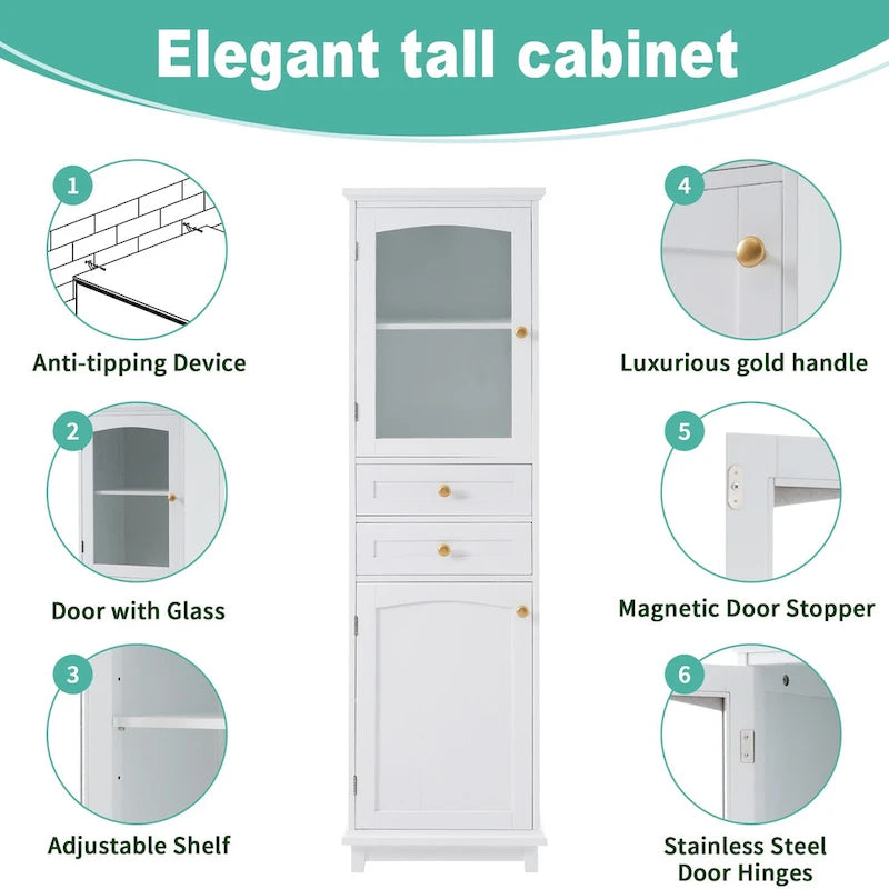 Mobile portabiancheria con anta in vetro e due cassetti, 17.7 in. W x 14.2 in. D x 63 in. H