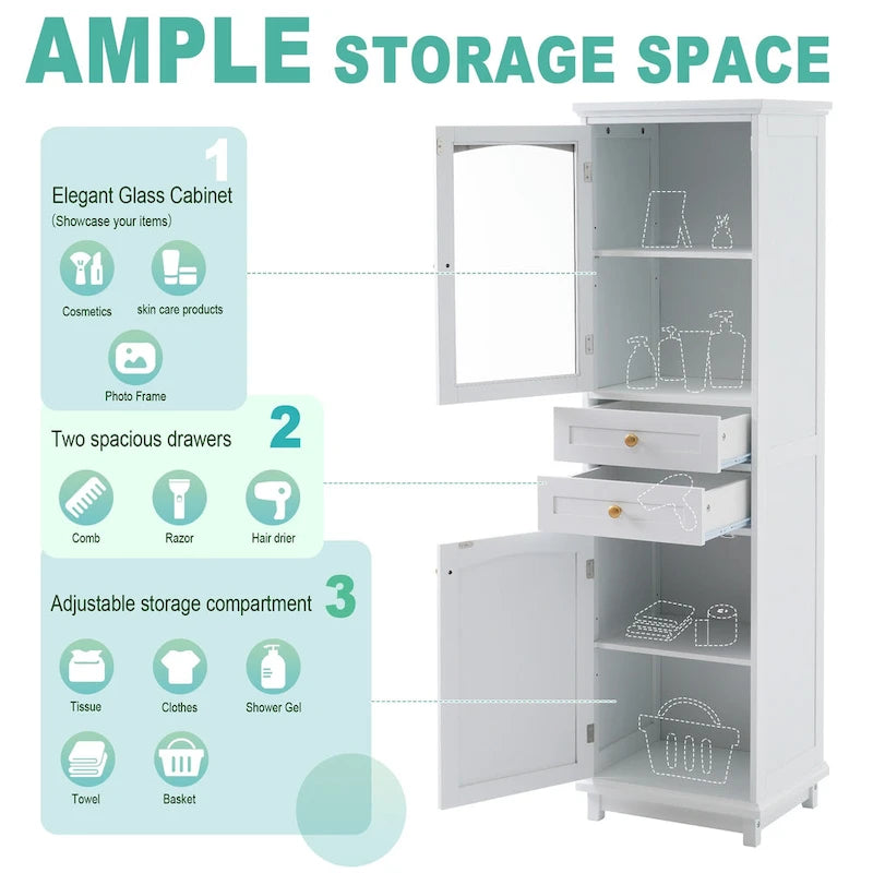 Mobile portabiancheria con anta in vetro e due cassetti, 17.7 in. W x 14.2 in. D x 63 in. H