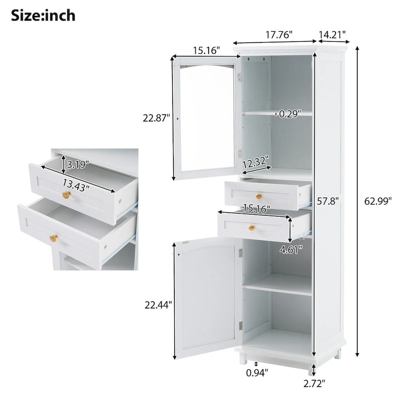 Mobile portabiancheria con anta in vetro e due cassetti, 17.7 in. W x 14.2 in. D x 63 in. H
