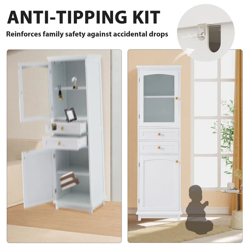 Mobile portabiancheria con anta in vetro e due cassetti, 17.7 in. W x 14.2 in. D x 63 in. H