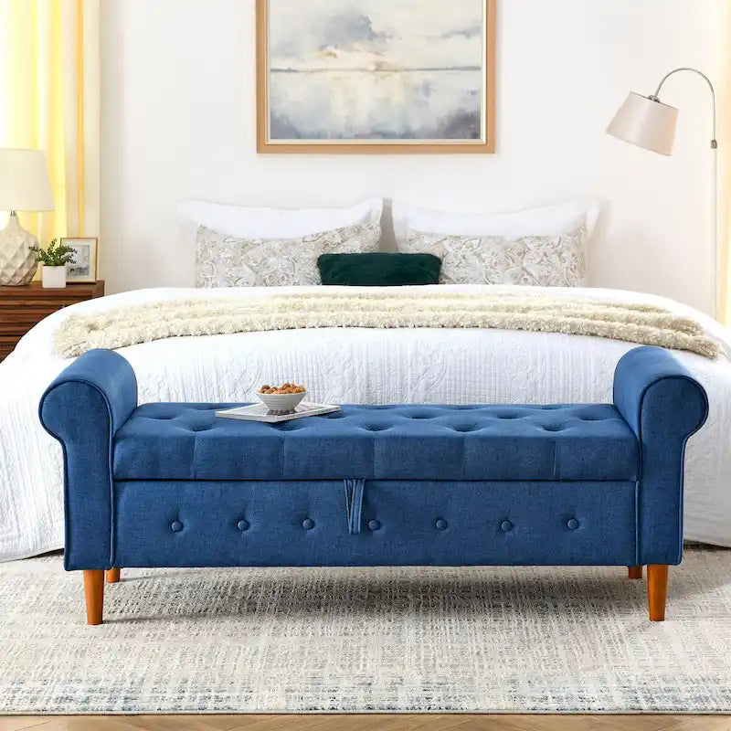 Panca contenitore capitonné per camera da letto 62, pouf moderno rivestito in tessuto, panca da finestra con braccioli arrotolati
